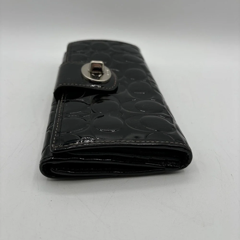 Coach‎ Black Patent Leather Signature C Embossed Turnlock Slim Long Wallet